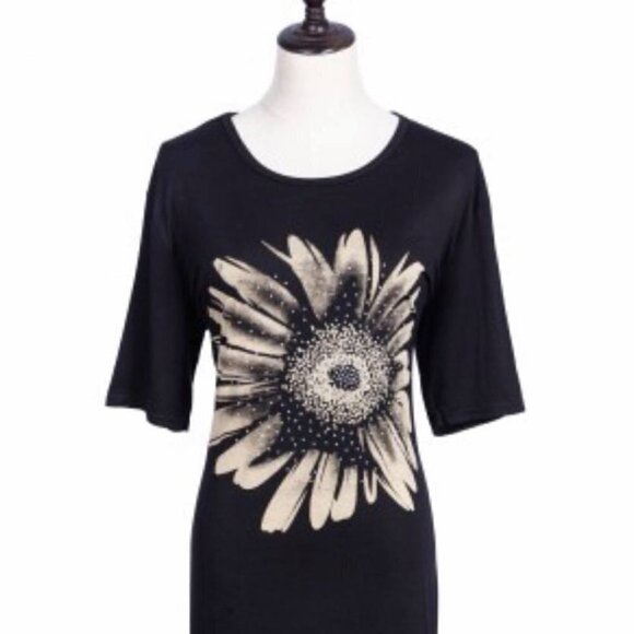 TRÏBE Sunflower Print Black 3/4 Sleeve Cotton Tee With Rhinestone Detail Size OS - Picture 2 of 3